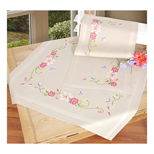 Vervaco Stickpackung Kreuzstich Set Vorgedruckt Tischläufer Rosa Blumen&Schmetterling Stickdecken Vorgezeichnet DIY Basteln Kreativ Stickläufer zum Selbersticken 40 x 100 cm Stickset