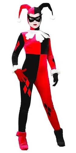 Rubie's Official Superschurkin Harley Quinn Jumpsuit - Kostüm für Erwachsene, Größe Small, inklusive Stiefelstulpen, Kragen und Augenmaske für ein perfektes Halloween-Outfit