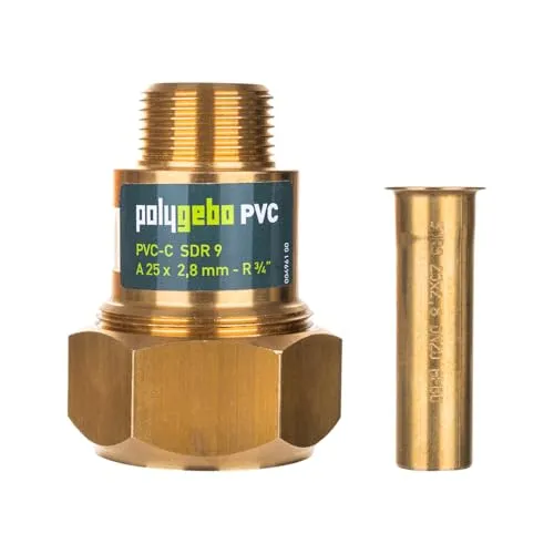 Polygebo Messing-klv Serie 331 (PVC) Typ Map 20x2,3mm - Robuste Rohrverbindung mit Außengewinde für PVC-C-Rohre, ideal für Trinkwasser und Heizungswasser. Einfache Montage ohne Spezialwerkzeug, inklusive Stützhülse für Sicherheit.