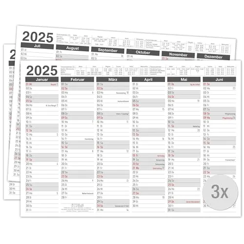 TOBJA Tafelkalender 2025 in 3er Set - DIN A4 Übersicht für wichtige Termine, Schulferien und Feiertage | Jahresplaner 2025 Wandkalender | Kalendarium 2025 im praktischen Format (3 Stück Papier)