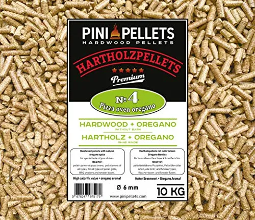PINI Hartholz Pellets № 4 BBQ Pizza Oven Oregano 10 Kg - Grillpellets für Pizzaöfen und Smoker, mit 10% natürlichem Oregano Aroma und GRATIS Dosierschaufel. 100% sortenreines Buchen- und Eichenholz, ohne Rinde, ideal für intensiven Geschmack.