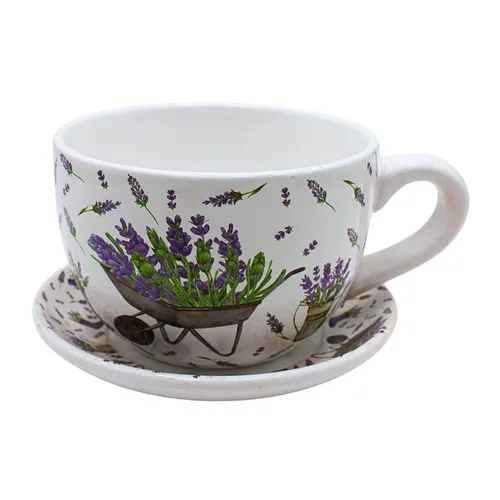 Dekohelden24 Pflanzkübel Pflanztassen in verschiedenen Varianten (1 St), Keramikübertopf in Form einer Tasse mit einzigartigem Lavendelmuster, 20cm Lavendel