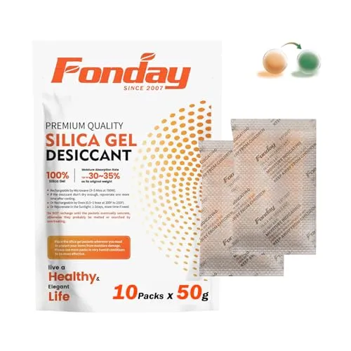 50Gram x 10Packet Fonday Rechargeable Silica Gel Desiccant Packets Food Grade Fast Reactivate Moisture Indicating Orange to Green