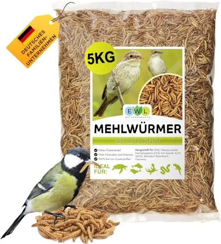 EWL Naturprodukte Mehlwürmer getrocknet 5 kg (32,5 L), Insektensnack für Vögel, Fische, Schildkröten, Nager, Igel, Reptilien, Vogelfutter, Wildvögel, Ganzjährig