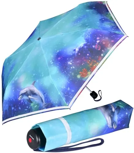 Knirps Kinder-Taschenschirm 4Kids reflective - Dolphin - Taschenschirm mit Reflexborte für erhöhte Sichtbarkeit im Straßenverkehr. Leicht und kompakt, ideal für den Schulranzen. Perfekt für kleine Entdecker, die auch bei Regen sicher unterwegs sein möchten.