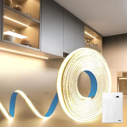 BRIMETI LED Streifen 1M COB Neutralweiß 4000K – Flexibles Lichtband für Zuhause - Der 1M lange BRIMETI LED Streifen mit 320 LEDs/M bietet eine gleichmäßige, flimmerfreie Beleuchtung. Selbstklebend und batteriebetrieben, ideal für kreative DIY-Projekte in Küche, Schlafzimmer und mehr.