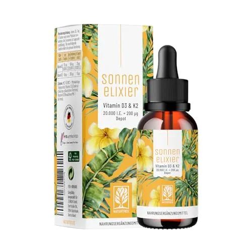 NATURTREU® Vitamin D3 K2 Tropfen hochdosiert & vegan - 20.000 I.E Vitamin D3 - Vitamin D Präparate mit 20.000 I.E Vitamin D3 und 200 µg K2 pro Dosis, 100% pflanzlich und einfach zu dosieren dank BPA-freier Pipette.