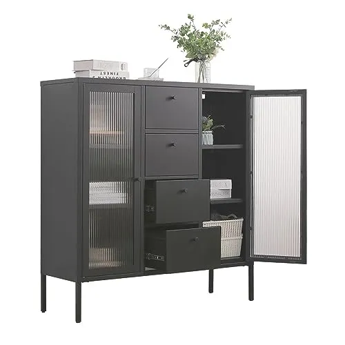 Mein-Regal Highboard PARIS, Schwarz - Elegantes Highboard mit 2 Glastüren und 4 Schubladen, ideal für stilvolle Aufbewahrung im Wohnbereich. Maße: 105x35x110 cm, matt lackierte Oberfläche für einen modernen Look.