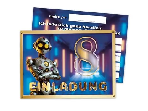 Einladungskarten zum 8. Geburtstag - Geburtstagseinladung Einladung zum Kindergeburtstag Kinderparty Techno-Party für Jungs Kinder Science High-Tech Künstliche Intelligenz Roboter Neonfarben 12