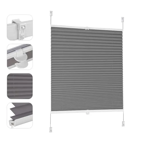 Sekey Plissee ohne Bohren Verdunkelung, Fenster Plissee Klemmfix Jalousie 75 cm breit, Verspannt Blickdicht Sonnenschutz Fensterollo, 75x200cm, Dunkelgrau