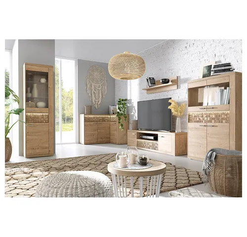 Lomadox Wohnzimmer-Set NUSCO-161, 5-teilig in Eiche Nb. - Vielseitiges Wohnzimmer-Set mit Vitrine, Eckkommode, TV-Lowboard und Wandboard. Stilvolles Design in braun mit robusten Metallgriffen für eine moderne Wohnatmosphäre.