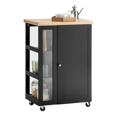 Küchenwagen FKW75-SCH - B-Ware Servierwagen mit Regalböden - Küchenwagen mit 3 Regalen und 4 Rollen für einfache Mobilität, ideal für die Küche. Hochwertige MDF- und Glasmaterialien in elegantem Schwarz.