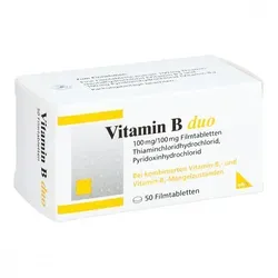 Vitamin B Duo Filmtabletten - Nahrungsergänzungsmittel mit 100 mg Vitamin B1 und B6 pro Tablette, unterstützt das neurologische System und bekämpft Mangelerscheinungen.