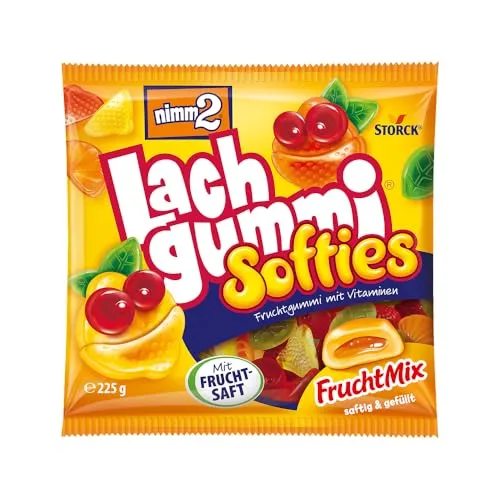 nimm2 Lachgummi Softies FruchtMix – 225g Spielspaß mit Fruchtsaft - Fruchtgummis mit Vitaminen in bunten Farben und Geschmacksrichtungen wie Birne, Zitrone und Himbeere – der perfekte Naschspaß für die ganze Familie, ideal zum Teilen und Mitnehmen.