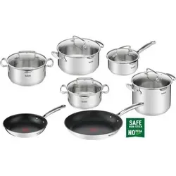 Tefal Duetto+ Topf-Set 12-tlg - Edelstahl-Kochgeschirr-Set für alle Herdarten, inklusive Induktion. Mit antihaftbeschichtetem 3-lagigen Boden und praktischen Deckeln mit Sieb für einfaches Ausgießen.