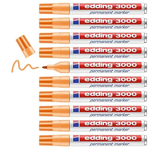 edding 3000 Permanentmarker - hell-orange - 10 Stifte - Rund-Spitze 1,5-3 mm - schnell trocknender Permanent Marker - wasserfest, wischfest - für Karton, Kunststoff, Holz, Metall - Universalmarker