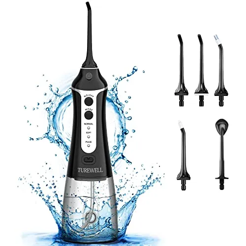 TUREWELL Munddusche für die Zahnseide, kabellos, 300 ml, tragbar, IPX7, wasserdicht, 3 Modi, Wasser, schnurlose Munddusche für Zähne/Zahnspangen, 6 Wasserstrahlspitzen für Reisen und Familie