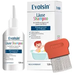 Evolsin Läuseshampoo mit Läusekamm - Arzneimittel zur effektiven Bekämpfung von Kopflausbefall, enthält keine Insektizide und ist auch für Schwangere und stillende Frauen geeignet.