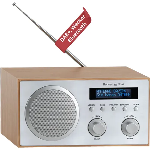 Bennett & Ross DAB-258 NT Vikedal DAB/FM-Radio mit Bluetooth - Vielseitiges DAB+/FM-Radio mit Bluetooth für kabelloses Streaming. Elegantes Design, 60 Speicherplätze und klarer Klang durch 5 Watt Lautsprecher. Ideal für Musikgenuss und Wecken.