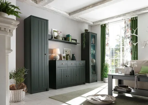 Wohnwand HOME AFFAIRE "Ascot", grün, B:270cm H:198cm T:43cm - Moderne Wohnwand mit viel Stauraum: bestehend aus Vitrine, Stauraumschrank, Sideboard und Wandregal. Ideal für Ihr Wohnzimmer, um Ordnung zu schaffen und stilvoll zu dekorieren.