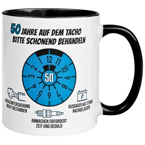 Geburtstag Männer Geschenk Tasse | 50 Jahre auf dem Tacho – Bitte schonend behandeln | Lustige Geschenk Geburtstagstasse mit Spruch 50. Geburtstag | 50ter Geburtstag - Geburtstagsgeschenk Mann 50