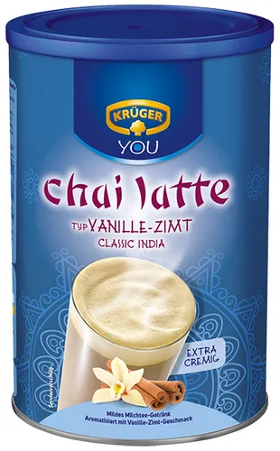 Krüger Chai Latte Classic India Vanille Zimt Kaffeepulver 450g - Genießen Sie den aromatischen Chai Latte mit dem feinen Geschmack von Vanille und Zimt. Ideal für entspannte Momente, einfach zubereitet und perfekt für Kaffeeliebhaber.