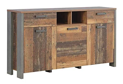 Landscape Sideboard CARDIFF - Vintage-Look mit viel Stauraum - Kommode im Retro-Style mit rustikaler Betonoptik und Old-Wood-Vintage-Dekor. Bietet großzügigen Stauraum mit 3 Türen und 2 Schubkästen für Ihre Wohnaccessoires.