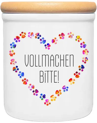 Cadouri Vorratsdose VOLLMACHEN BITTE! - Leckerlidose Hund - für Hundekekse, Keramik, (2-tlg., 1x Keramikdose mit Holzdeckel), Hundekeksdose, handgefertigt in Deutschland, für Hundebesitzer, 400 ml