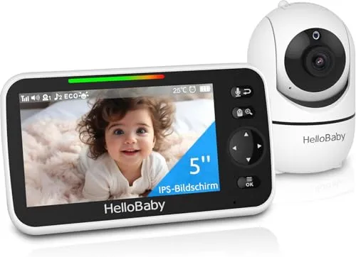 HelloBaby Babyphone mit Kamera - 30 Stunden Akku, 5 Zoll Bildschirm - Video-Babyfon mit 355° Schwenk- und 120° Neigefunktion, 2-Wege-Audio und Nachtsicht. Ideal für Eltern, die ihr Baby jederzeit im Blick behalten wollen.