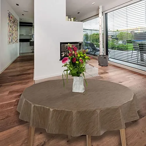 laro Wachstuch-Tischdecke Abwaschbar Garten-Tischdecke Wachstischdecke PVC Plastik-Tischdecken Eckig Meterware Wasserabweisend Abwischbar GAC, Muster:Leinenoptik Braun, Größe:140cm Rund