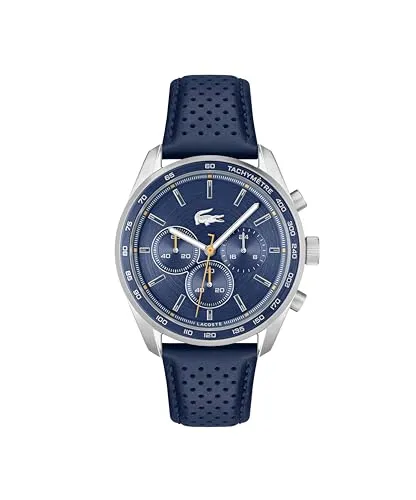 Lacoste Chronograph Quarz Uhr für Herren Boston mit Lederarmband - Armbanduhren für Herren mit präzisem Chronographenwerk und stilvollem marinblauen Zifferblatt - ideal für jeden Anlass und wasserabweisend bis 5 bar.