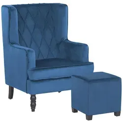 Beliani Moderner Sessel mit Fußhocker aus Samtstoff in Blau - Ohren- & Armlehnensessel mit elegantem Samtstoffbezug, inklusive passendem Fußhocker für maximalen Komfort – ein stilvolles Highlight für Ihr Wohnzimmer!