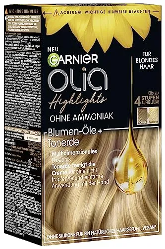 Garnier Olia Haarfarbe Set für Strähnchen und Highlights in Blond - Haarfärbemittel-Set für natürliche Strähnchen und Highlights, ohne Silikone und Ammoniak. Die öl-basierte Formel sorgt für ein glänzendes, seidig-weiches Haar mit bis zu 4 Stufen Aufhellung.