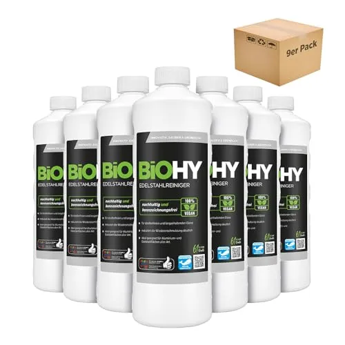 BiOHY Edelstahlreiniger (9 x 1 Liter) | Edelstahlpflege für streifenfreien Glanz | ideal für Küche, Töpfe oder Grill | Edelstahl reinigen in Gastronomie & Haushalt | pflegendes Putzmittel