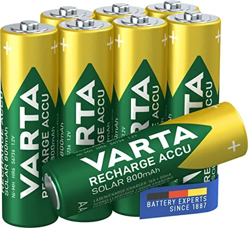 VARTA Batterien AA - wiederaufladbar, 8 Stück, 800 mAh Ni-MH, ideal für Solar-Gartenleuchten, hohe Zyklen und Langlebigkeit