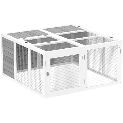 PawHut Kaninchenstall aus Holz mit Freilaufgehege, hellgrau - Schaffen Sie ein sicheres Zuhause für Ihre Kleintiere mit dem PawHut Kaninchenstall. Wetterbeständig und mit viel Platz zum Spielen, Fressen und Ausruhen – ideal für gesunde und glückliche Tiere.
