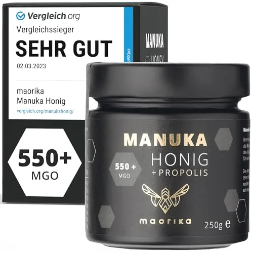 maorika Manuka Honig 550 MGO - Laborgeprüft und Zertifiziert aus Neuseeland - Brotaufstriche mit Propolis, lichtundurchlässigem Glas für optimalen Geschmack und höchste Qualität.