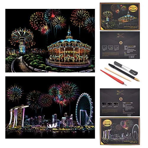 SiYear Scratch Paper Regenbogen Malerei Skizze, City Series Night Scene, Scratch Painting kreative Geschenk, Scratchboard Kunst für Erwachsene und Kinder, mit 4 Tools (Vergnügungspark + Singapur)