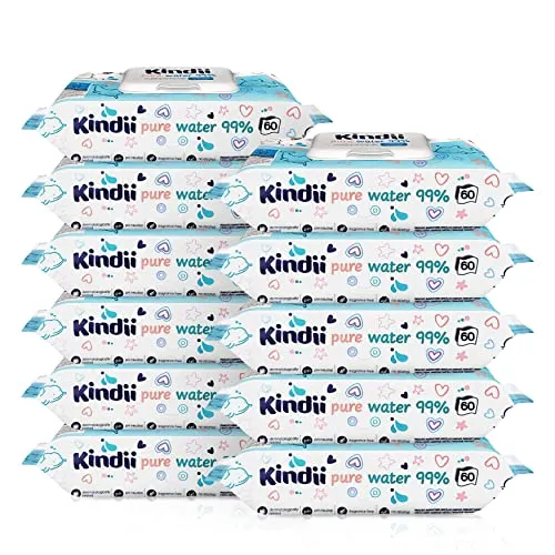 Kindii Feuchttücher Pure Water 99% – (12x60 Stück) Feuchttücher für Babys und Kinder – unparfümiert, dermatologisch getestet, empfindliche Haut – 720 Stück