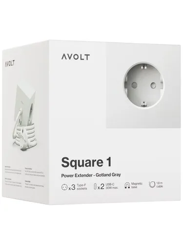 AVOLT Square 1 USB-C 30W - Gotland Gray - Steckdosen & Zubehör mit 3 Schuko- und 2 USB-C-Ports für schnelles Laden. Flexibles 1,8 m Kabel und magnetische Basis für sichere Montage.