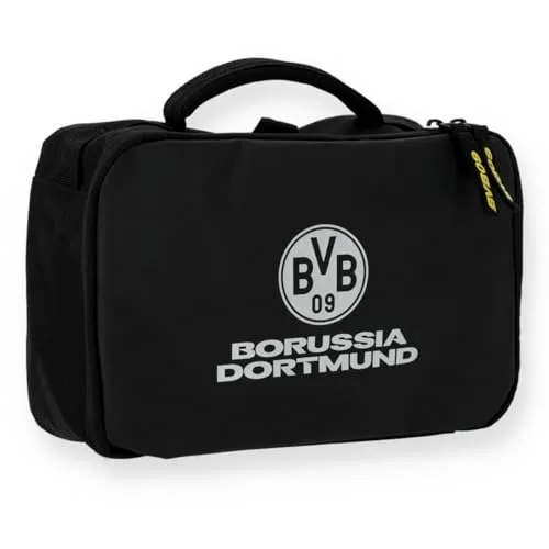 BVB Kulturbeutel schwarz mit Logo - Kulturbeutel in elegantem schwarz mit grauem BVB-Logo, zwei Innentaschen für Ordnung und praktische Trageschlaufe für unterwegs.