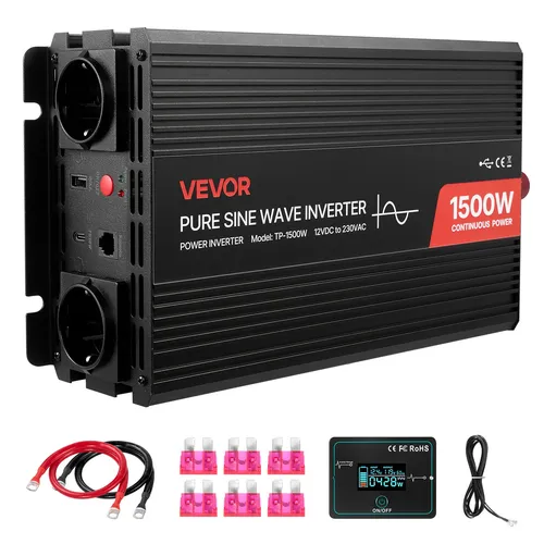VEVOR 1500-W Wechselrichter mit Fernbedienung - Effizienter 1500-W Wechselrichter für 12 V DC auf 230 V AC, ideal für Camping und Outdoor. Ausgestattet mit USB- und Typ-C-Anschlüssen sowie zwei AC-Steckdosen für vielseitige Nutzung.