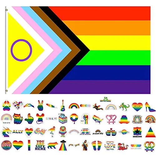GoldRock Progress Pride Flagge Set - Regenbogen Flagge 150x90 cm + 50 Stück LGBTQ Sticker - Lesbian, Gay, Joint-Pride Regenbogenfahne Mit 2 Messingösen
