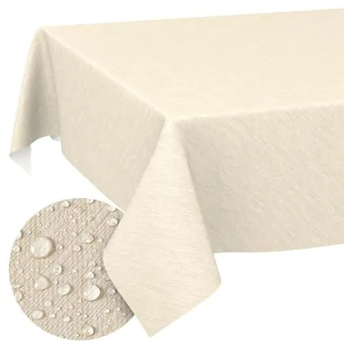 Tischdecke abwaschbar Wachstuch Wachstuchtischdecke Gartentischdecke Leinen-Optik Pflegeleicht Wasserabweisend 140 x 140cm (Quadratisch) Creme Schnittkante