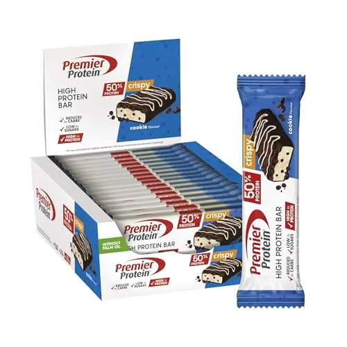 Premier Protein - High Protein Bar 50% Crispy - Cookie - 16x40g - Proteinreicher Snack mit 50% Eiweiß pro Riegel. Ideal für unterwegs, zuckerarm und perfekt für eine bewusste Ernährung. Genießen Sie den knusprigen Cookie-Geschmack ohne Palmöl.