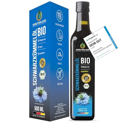 Kräuterland Schwarzkümmelöl Bio 500ml, kaltgepresst & ungefiltert - Frisch gepresstes Schwarzkümmelöl aus ägyptischen Samen, ideal für die Verfeinerung kalter Speisen. Genießen Sie den milden Geschmack und die hohe Qualität aus unserer hessischen Ölmühle.