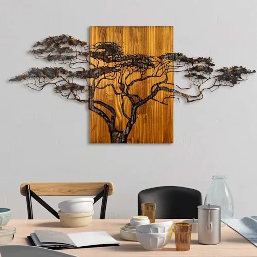 ABERTO DESIGN Wanddekor "Acacia Tree" - Stilvolle Wandkunst für Ihr Zuhause - Wanddekoration "Acacia Tree" (B)144 x (H)70 cm aus Holz und Metall - ideal für individuelle Gestaltung in jedem Raum. Setzen Sie stilvolle Akzente mit diesem einzigartigen Wanddekor!
