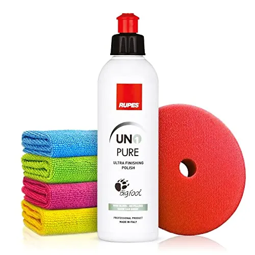 Rupes Uno Pure Hochglanzpolitur (250ml) Autopolitur Set - Ultra Finishing Polish - Glanzverstärker - Für Exzenter oder Rotation Poliermaschinen - Auto polieren, Glanzpolitur, Polierpaste | 6-teilig