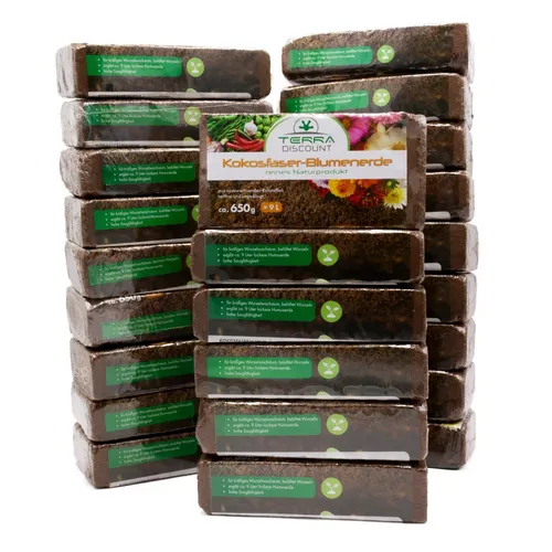 Terra Discount Kokosfaserhumus Blumenerde 24x650g - Nachhaltige Blumenerde aus Kokosfaser, ideal für Blumen, Gemüse und Obst. Torffrei und ungedüngt, ergibt ca. 216 Liter. Perfekt für Innen- und Außenbereich.