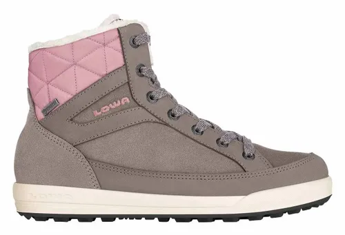 Lowa Casara Mid GTX Winterschuhe - Steingrau/Rose Damen - Wasserdichte Wanderschuhe mit GORE-TEX-Membran für optimalen Schutz bei Kälte, extra Komfort durch griffige Sneaker-Sohle und stylisches Design mit Loden-Kragen.